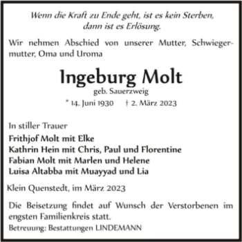 Traueranzeige von Ingeburg Molt (geb. Sauerzweig)  von Magdeburger Volksstimme