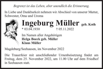 Traueranzeige von Ingeburg Müller (geb. Koth)  von Magdeburger Volksstimme