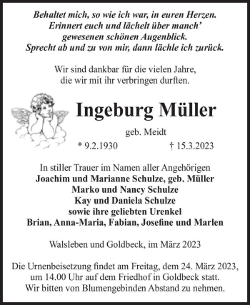 Traueranzeige von Ingeburg Müller (geb. Meidt)  von Magdeburger Volksstimme