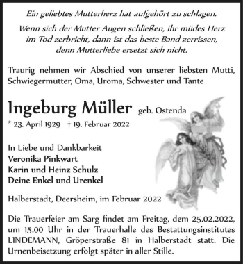 Traueranzeige von Ingeburg Müller (geb. Ostenda)  von Magdeburger Volksstimme