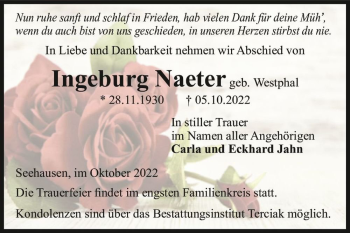 Traueranzeige von Ingeburg Naeter (geb. Westphal)  von Magdeburger Volksstimme