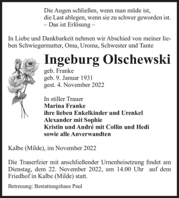 Traueranzeige von Ingeburg Olschewski (geb. Franke)  von Magdeburger Volksstimme