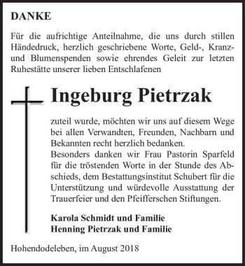Traueranzeige von Ingeburg Pietrzak  von Magdeburger Volksstimme