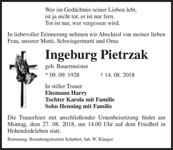 Traueranzeige von Ingeburg Pietrzak (geb. Bauermeister)  von Magdeburger Volksstimme