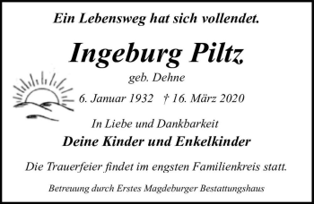 Traueranzeige von Ingeburg Piltz (geb. Dehne)  von Magdeburger Volksstimme