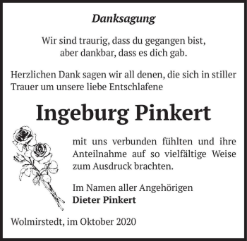 Traueranzeige von Ingeburg Pinkert  von Magdeburger Volksstimme