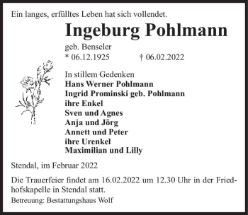 Traueranzeige von Ingeburg Pohlmann (geb. Benseler)  von Magdeburger Volksstimme