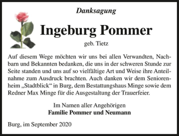 Traueranzeige von Ingeburg Pommer (geb. Tietz)  von Magdeburger Volksstimme