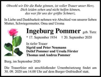 Traueranzeige von Ingeburg Pommer (geb. Tietz)  von Magdeburger Volksstimme