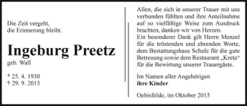 Traueranzeige von Ingeburg Preetz (geb. Wall)  von Magdeburger Volksstimme