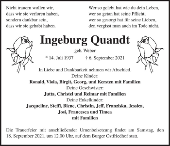 Traueranzeige von Ingeburg Quandt (geb. Weber)  von Magdeburger Volksstimme
