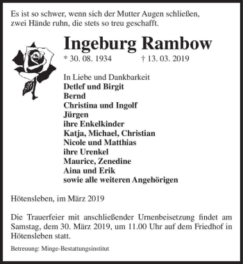 Traueranzeige von Ingeburg Rambow  von Magdeburger Volksstimme