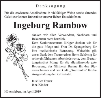 Traueranzeige von Ingeburg Rambow  von Magdeburger Volksstimme