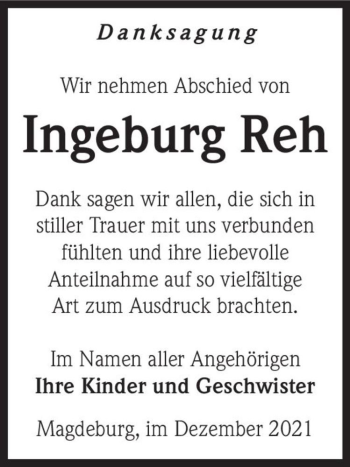 Traueranzeige von Ingeburg Reh  von Magdeburger Volksstimme