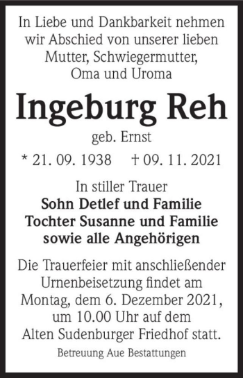 Traueranzeige von Ingeburg Reh (geb. Ernst)  von Magdeburger Volksstimme