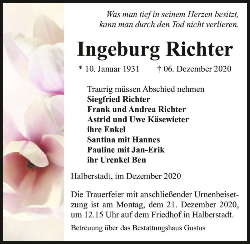  Traueranzeige für Ingeburg Richter  vom 12.12.2020 aus Magdeburger Volksstimme
