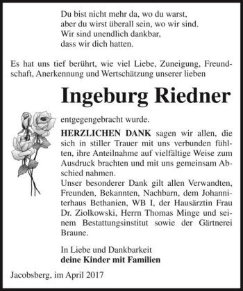 Traueranzeige von Ingeburg Riedner  von Magdeburger Volksstimme