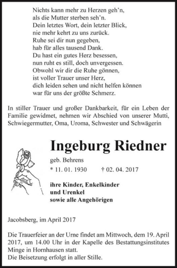 Traueranzeige von Ingeburg Riedner (geb. Behrens)  von Magdeburger Volksstimme