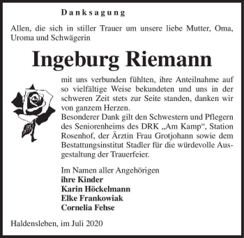 Traueranzeige von Ingeburg Riemann  von Magdeburger Volksstimme