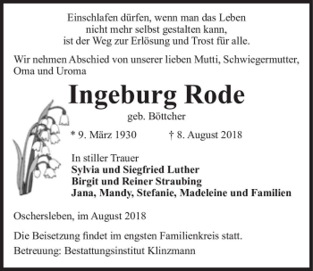 Traueranzeige von Ingeburg Rode (geb. Böttcher)  von Magdeburger Volksstimme