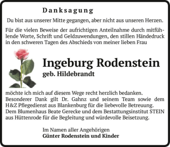 Traueranzeige von Ingeburg Rodenstein (geb. Hildebrandt)  von Magdeburger Volksstimme