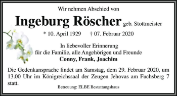 Traueranzeige von Ingeburg Röscher (geb. Stottmeister)  von Magdeburger Volksstimme