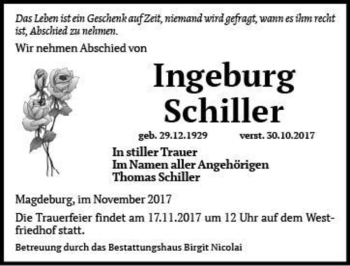 Traueranzeige von Ingeburg Schiller  von Magdeburger Volksstimme