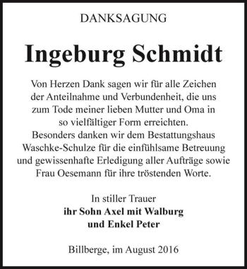 Traueranzeige von Ingeburg Schmidt  von Magdeburger Volksstimme