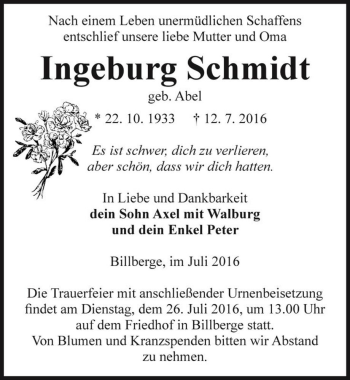 Traueranzeige von Ingeburg Schmidt (geb. Abel)  von Magdeburger Volksstimme