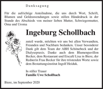 Traueranzeige von Ingeburg Schollbach  von Magdeburger Volksstimme