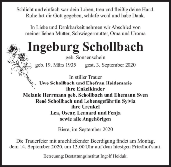 Traueranzeige von Ingeburg Schollbach (geb. Sonnenschein)  von Magdeburger Volksstimme