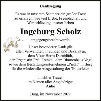 Traueranzeige von Ingeburg Scholz  von Magdeburger Volksstimme