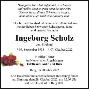 Traueranzeige von Ingeburg Scholz (geb. Strehmel)  von Magdeburger Volksstimme