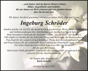 Traueranzeige von Ingeburg Schröder  von Magdeburger Volksstimme