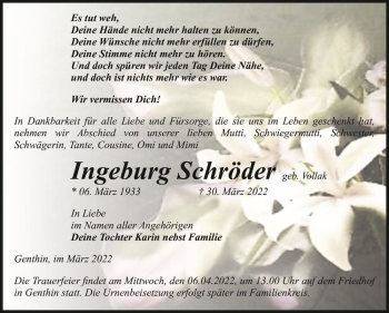 Traueranzeige von Ingeburg Schröder (geb. Vollak)  von Magdeburger Volksstimme