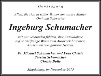 Traueranzeige von Ingeburg Schumacher  von Magdeburger Volksstimme