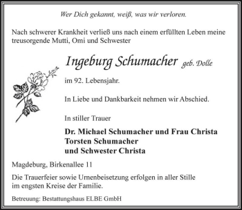 Traueranzeige von Ingeburg Schumacher (geb. Dolle)  von Magdeburger Volksstimme