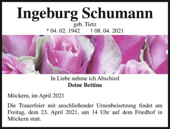 Traueranzeige von Ingeburg Schumann (geb. Tietz)  von Magdeburger Volksstimme