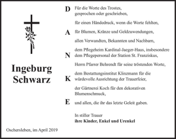 Traueranzeige von Ingeburg Schwarz  von Magdeburger Volksstimme