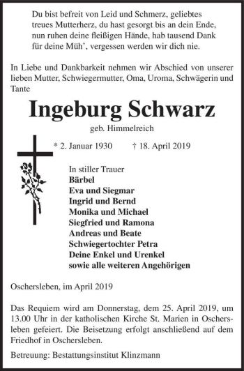 Traueranzeige von Ingeburg Schwarz (geb. Himmelreich)  von Magdeburger Volksstimme