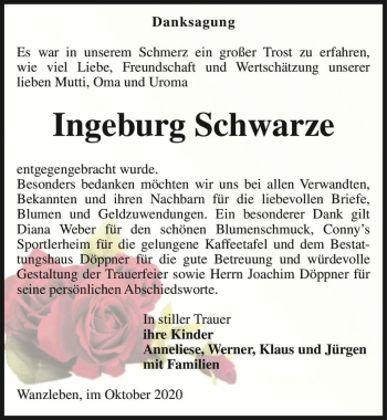 Traueranzeige von Ingeburg Schwarze  von Magdeburger Volksstimme