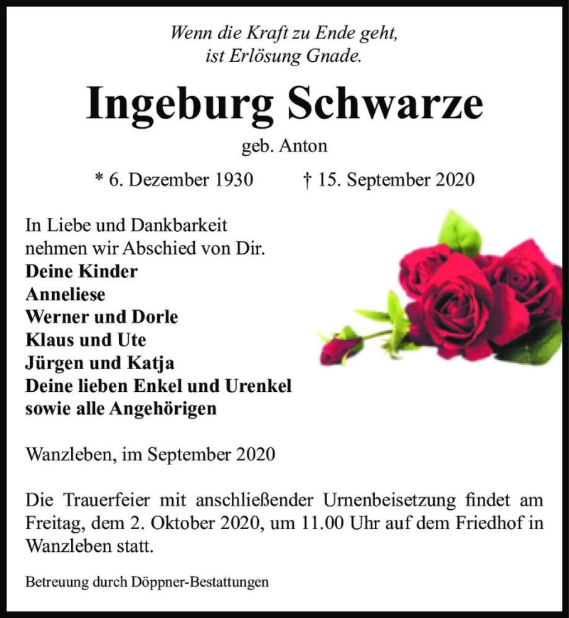  Traueranzeige für Ingeburg Schwarze (geb. Anton)  vom 19.09.2020 aus Magdeburger Volksstimme