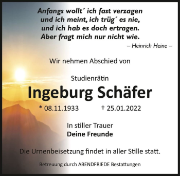 Traueranzeige von Ingeburg Schäfer  von Magdeburger Volksstimme
