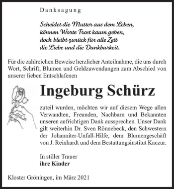 Traueranzeige von Ingeburg Schürz  von Magdeburger Volksstimme
