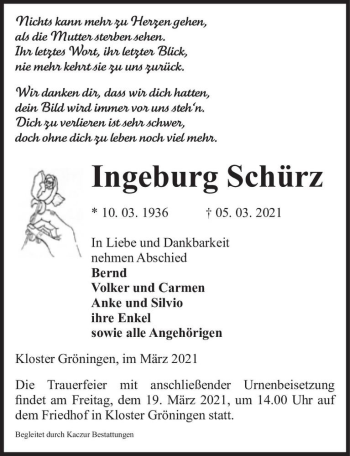 Traueranzeige von Ingeburg Schürz  von Magdeburger Volksstimme