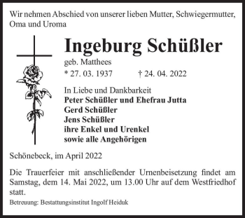 Traueranzeige von Ingeburg Schüßler (geb. Matthees)  von Magdeburger Volksstimme