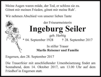 Traueranzeige von Ingeburg Seiler (geb. Herbig)  von Magdeburger Volksstimme
