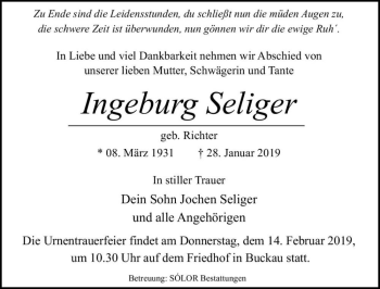 Traueranzeige von Ingeburg Seliger (geb. Richter)  von Magdeburger Volksstimme