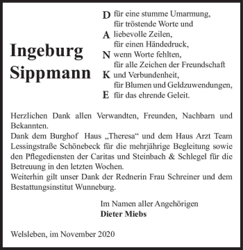Traueranzeige von Ingeburg Sippmann  von Magdeburger Volksstimme