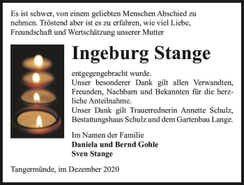 Traueranzeige von Ingeburg Stange  von Magdeburger Volksstimme